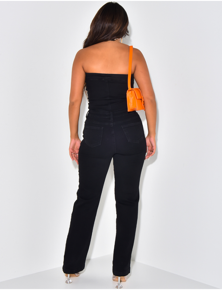   Strapless straight cut denim jumpsuit