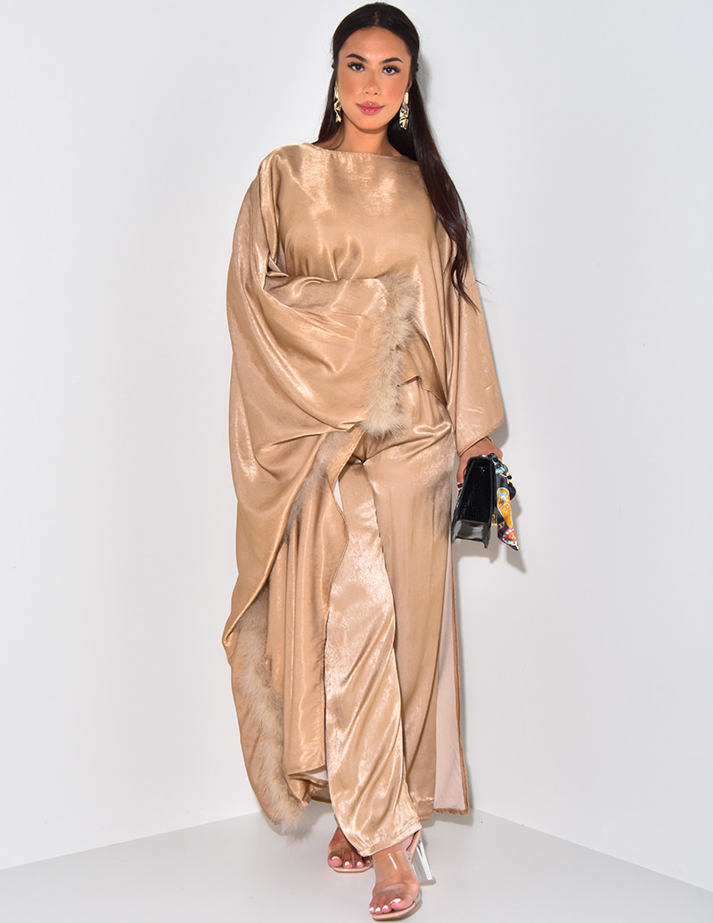 Ensemble pantalon et tunique longue fendue à fourrure