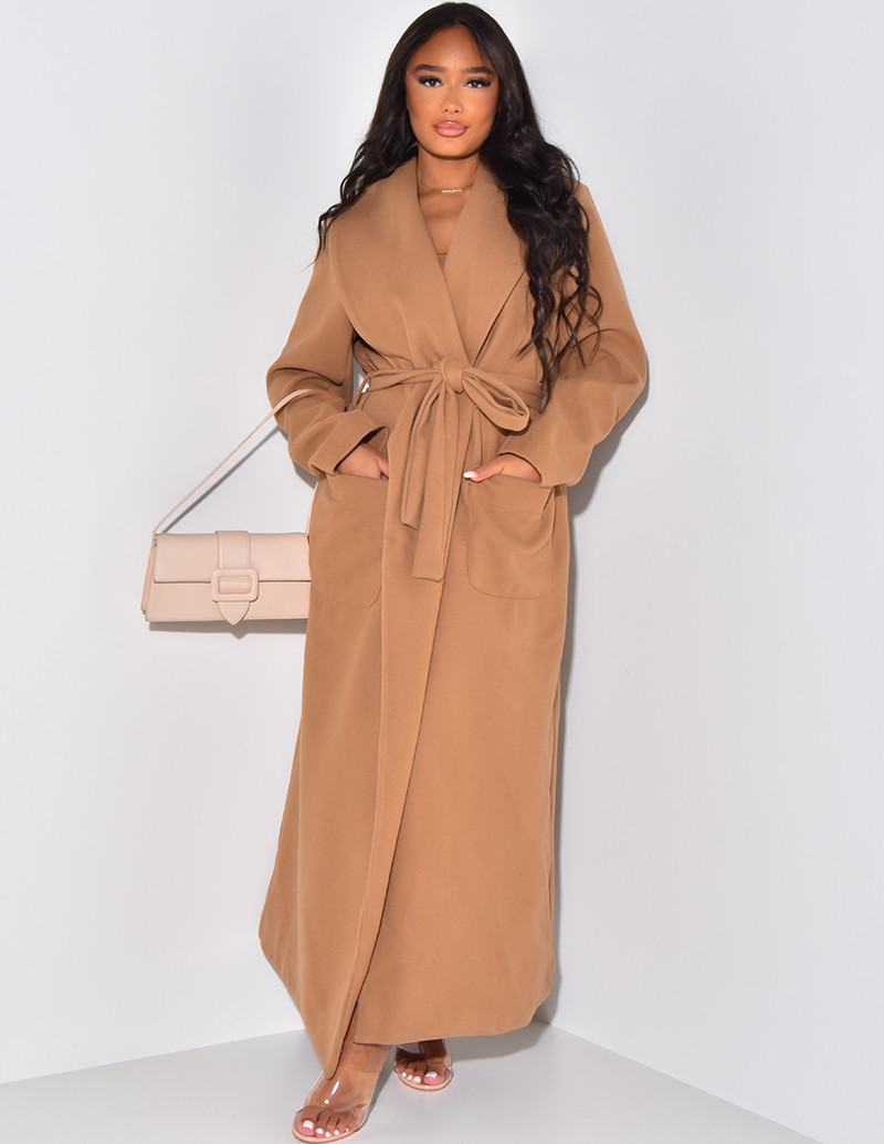 Manteau très long col châle à nouer