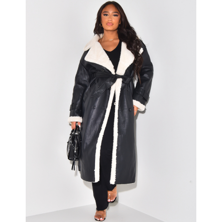 Long coat with fur in vegan leather