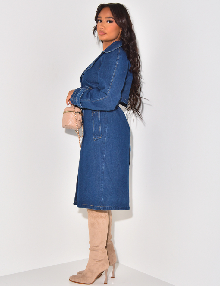 Trench long en jeans brut à nouer
