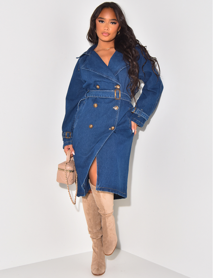 Trench long en jeans brut à nouer