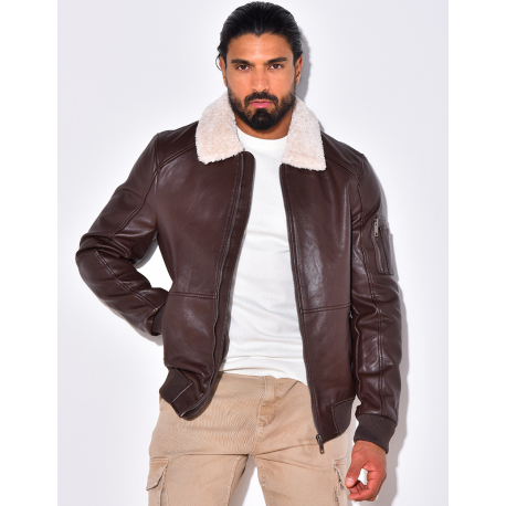 Blouson en simili cuir col en fourrure