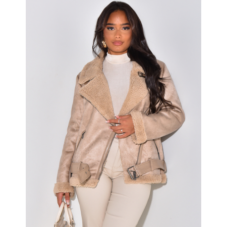   Oversize-Fliegerjacke mit Pelzbesatz