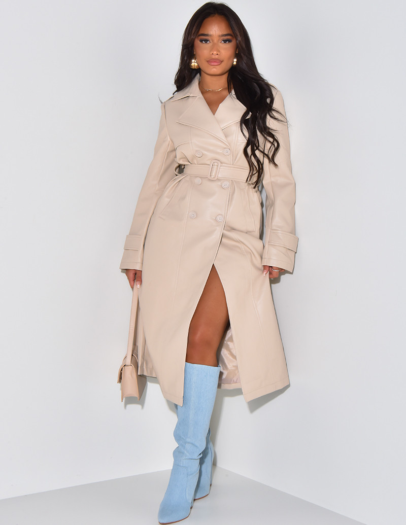 Very long trench coat in imitation leather
