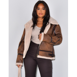   Oversize-Fliegerjacke mit Pelzbesatz