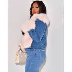 Denim jacket with thick faux fur