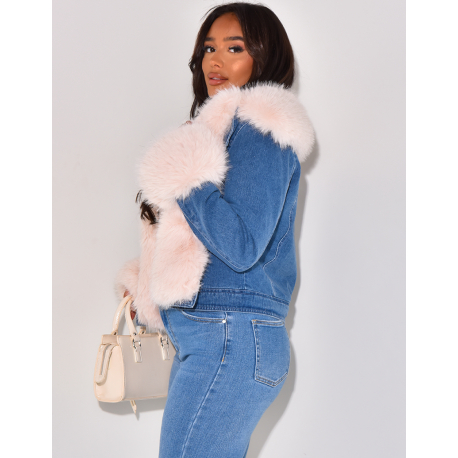 Denim jacket with thick faux fur   Denim jacket with thick faux fur