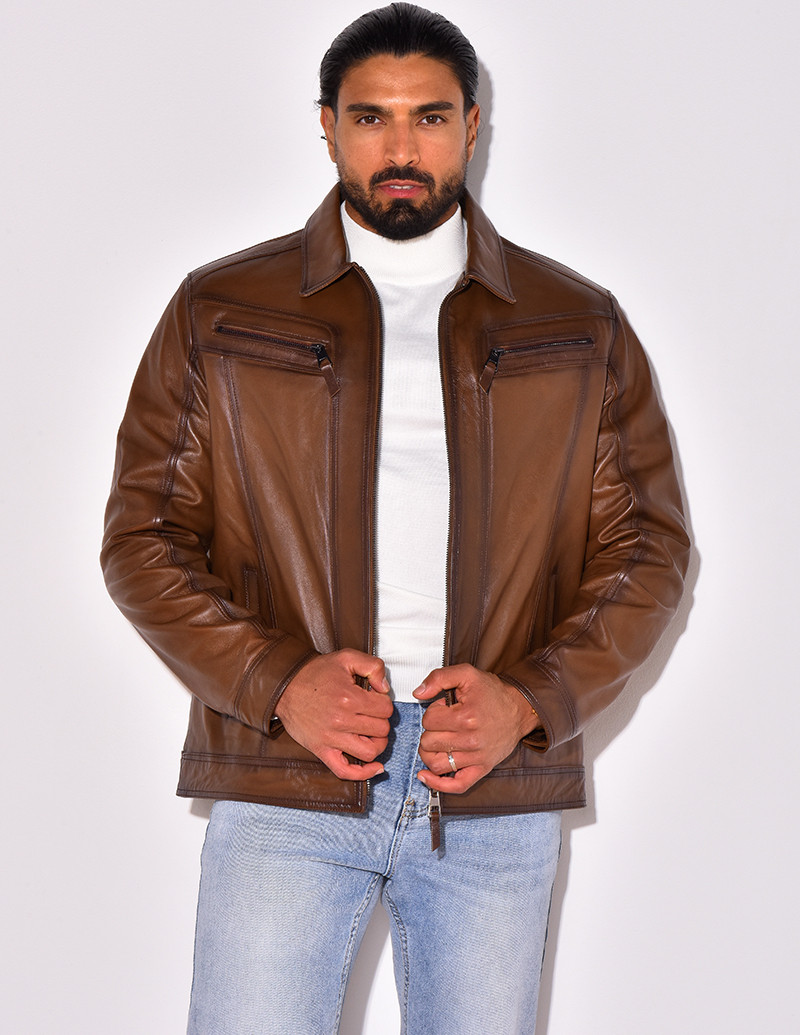 Veste en cuir avec poches à fermeture éclaire
