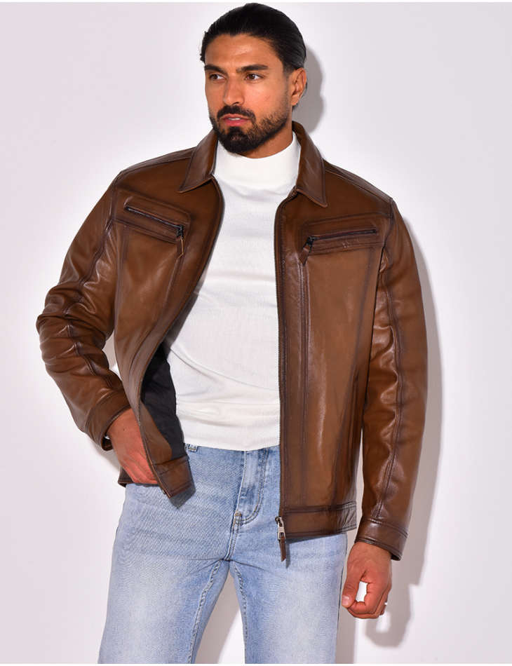 Veste en cuir avec poches à fermeture éclaire Veste en cuir avec poches à fermeture éclaire