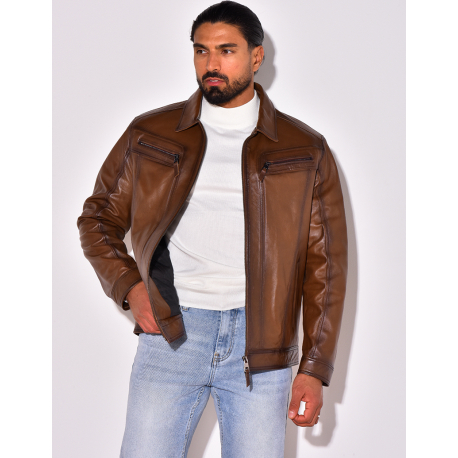 Veste en cuir avec poches à fermeture éclaire Veste en cuir avec poches à fermeture éclaire