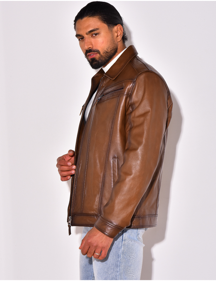 Veste en cuir avec poches à fermeture éclaire Veste en cuir avec poches à fermeture éclaire