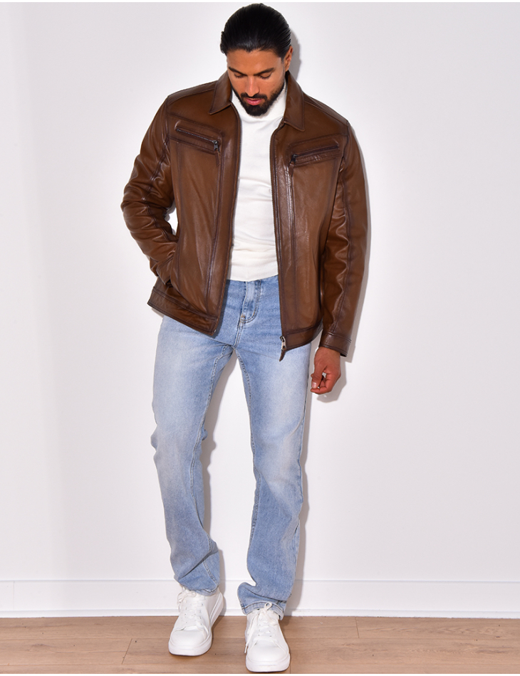 Veste en cuir avec poches à fermeture éclaire Veste en cuir avec poches à fermeture éclaire