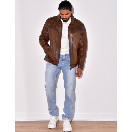 Veste en cuir avec poches à fermeture éclaire Veste en cuir avec poches à fermeture éclaire