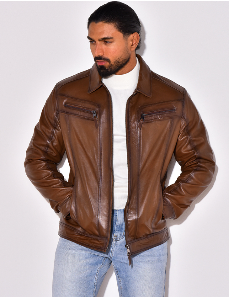 Veste en cuir avec poches à fermeture éclaire Veste en cuir avec poches à fermeture éclaire