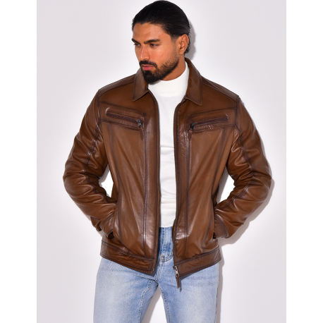 Veste en cuir avec poches à fermeture éclaire Veste en cuir avec poches à fermeture éclaire