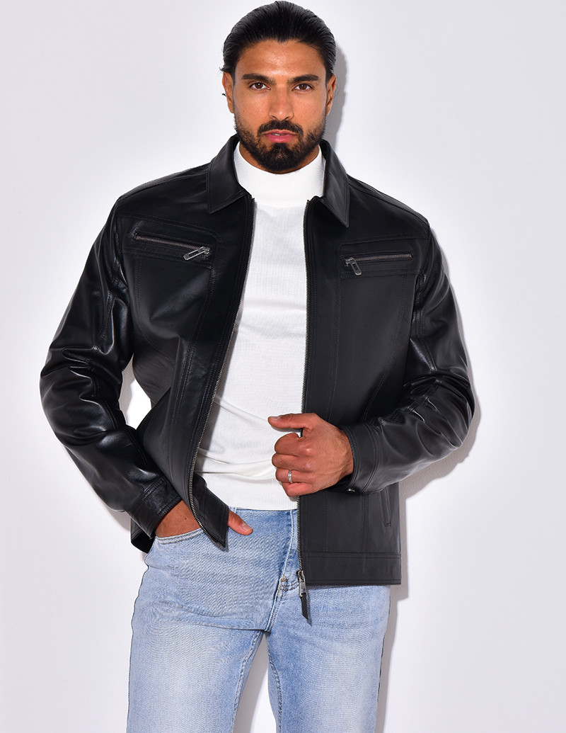 Veste en cuir avec poches à fermeture éclaire