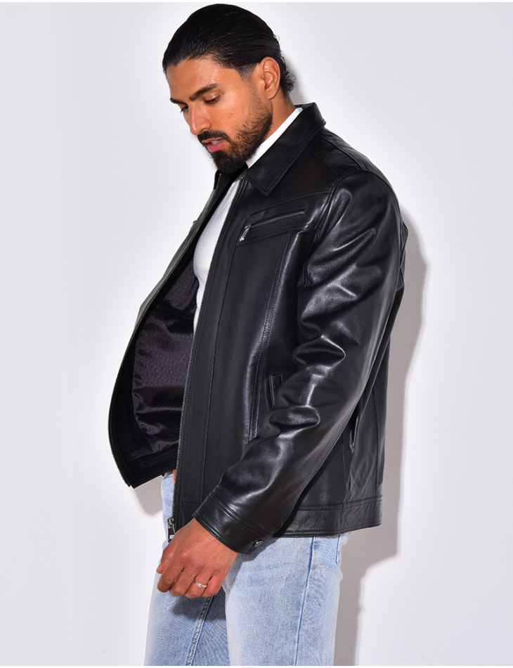 Veste en cuir avec poches à fermeture éclaire Veste en cuir avec poches à fermeture éclaire