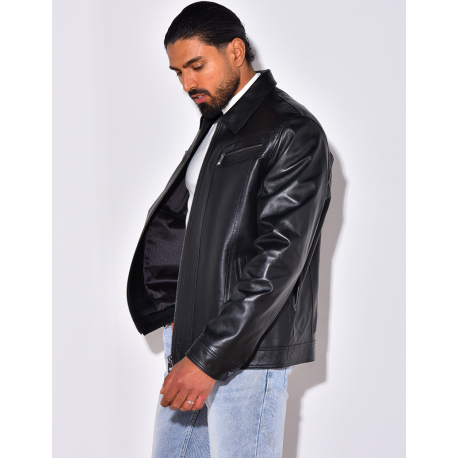 Veste en cuir avec poches à fermeture éclaire Veste en cuir avec poches à fermeture éclaire