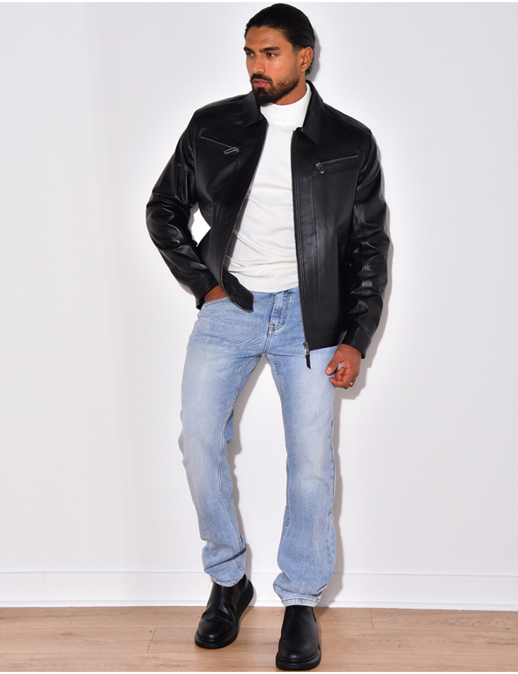 Veste en cuir avec poches à fermeture éclaire Veste en cuir avec poches à fermeture éclaire