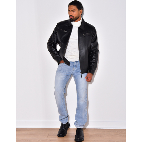 Veste en cuir avec poches à fermeture éclaire Veste en cuir avec poches à fermeture éclaire