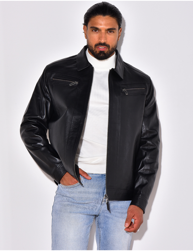 Veste en cuir avec poches à fermeture éclaire Veste en cuir avec poches à fermeture éclaire