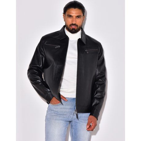 Veste en cuir avec poches à fermeture éclaire Veste en cuir avec poches à fermeture éclaire