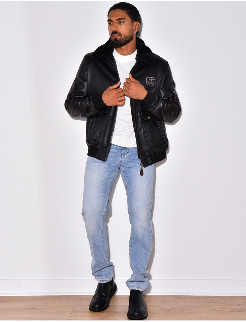 Veste en cuir v?�ritable ?� col fourr?� amovible