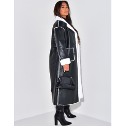 Manteau long en similicuir intérieur fourré polaire Manteau long en similicuir intérieur fourré polaire