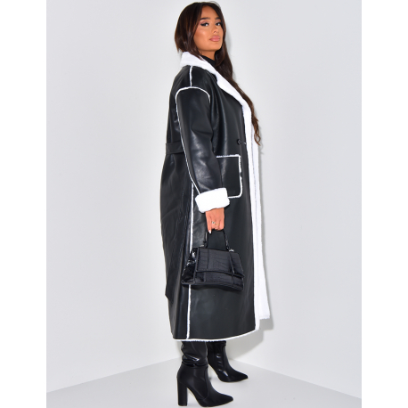Manteau long en similicuir intérieur fourré polaire Manteau long en similicuir intérieur fourré polaire