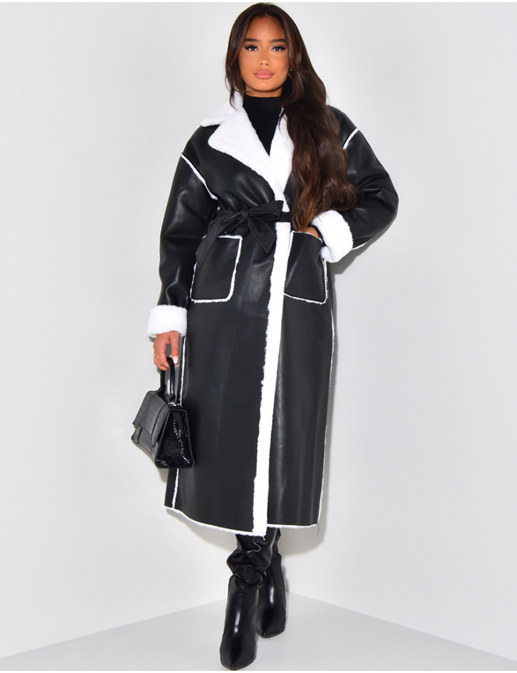 Manteau long en similicuir intérieur fourré polaire Manteau long en similicuir intérieur fourré polaire