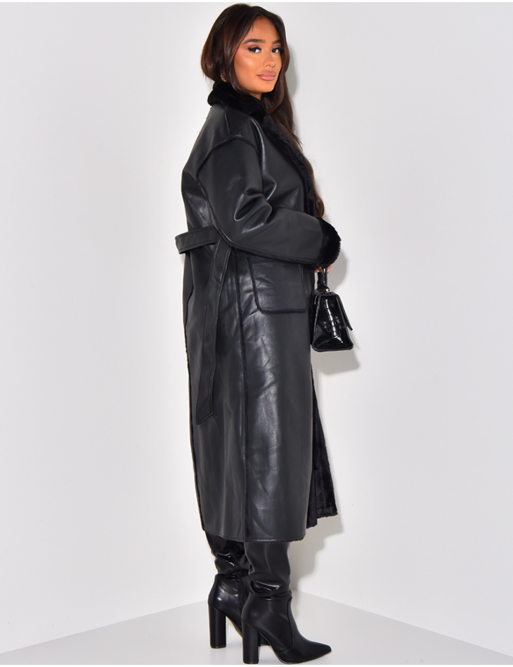 Manteau long en similicuir interieur fourre polaire