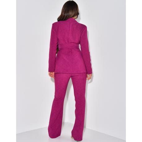 Ensemble de tailleur à ceinture large et pantalon patte d'eph effet lin