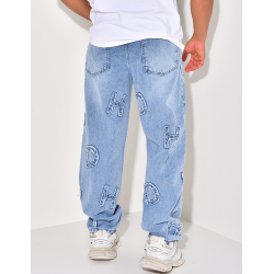 Jeans coupe large avec lettres en relief Jeans coupe large avec lettres en relief