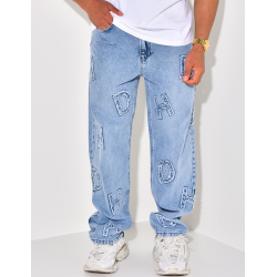 Jeans coupe large avec lettres en relief Jeans coupe large avec lettres en relief