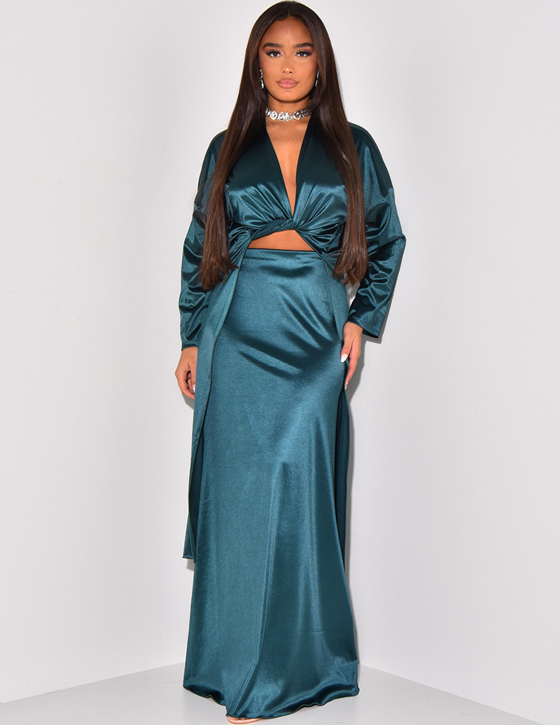 Ensemble jupe longue et blouse cache-coeur satiné