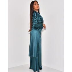Long skirt and satin wrap-around blouse set   Long skirt and satin wrap-around blouse set