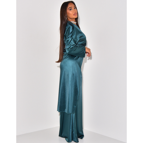 Long skirt and satin wrap-around blouse set   Long skirt and satin wrap-around blouse set
