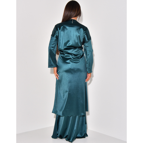 Long skirt and satin wrap-around blouse set   Long skirt and satin wrap-around blouse set