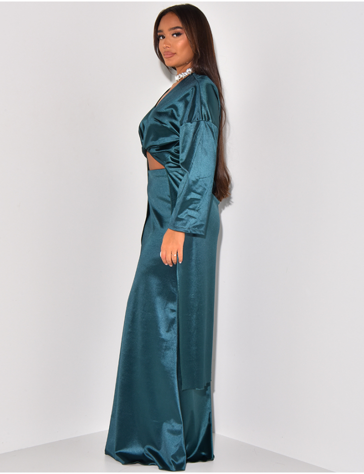 Long skirt and satin wrap-around blouse set   Long skirt and satin wrap-around blouse set