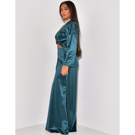 Long skirt and satin wrap-around blouse set   Long skirt and satin wrap-around blouse set