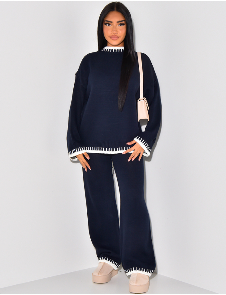 Ensemble pantalon et pull en laine a bords brodes