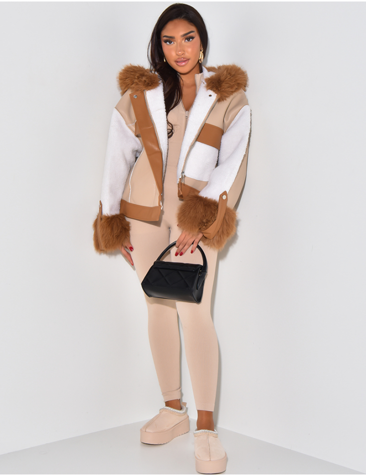 Faux leather jacket with fur and patchwork inserts