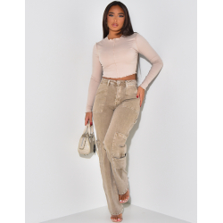 Jeans coupe droite délavé style cargo