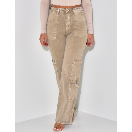Jeans coupe droite délavé style cargo