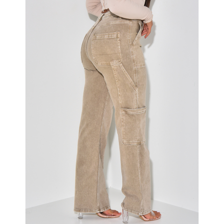 Jeans coupe droite délavé style cargo