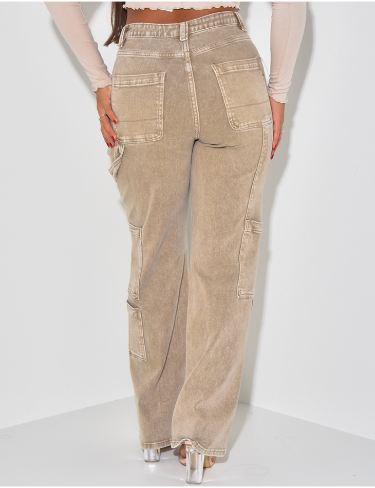Jeans coupe droite délavé style cargo