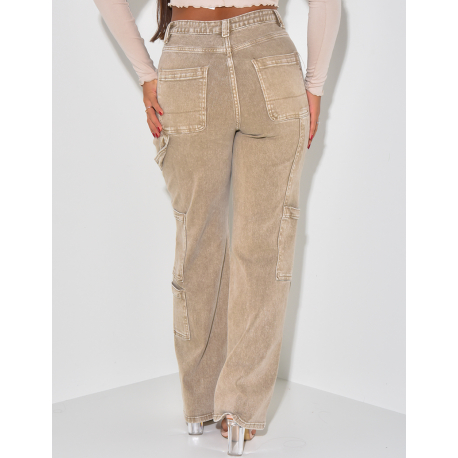 Jeans coupe droite délavé style cargo