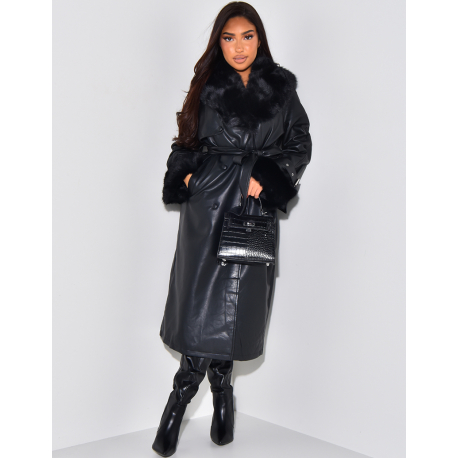Faux leather coat with faux fur interior