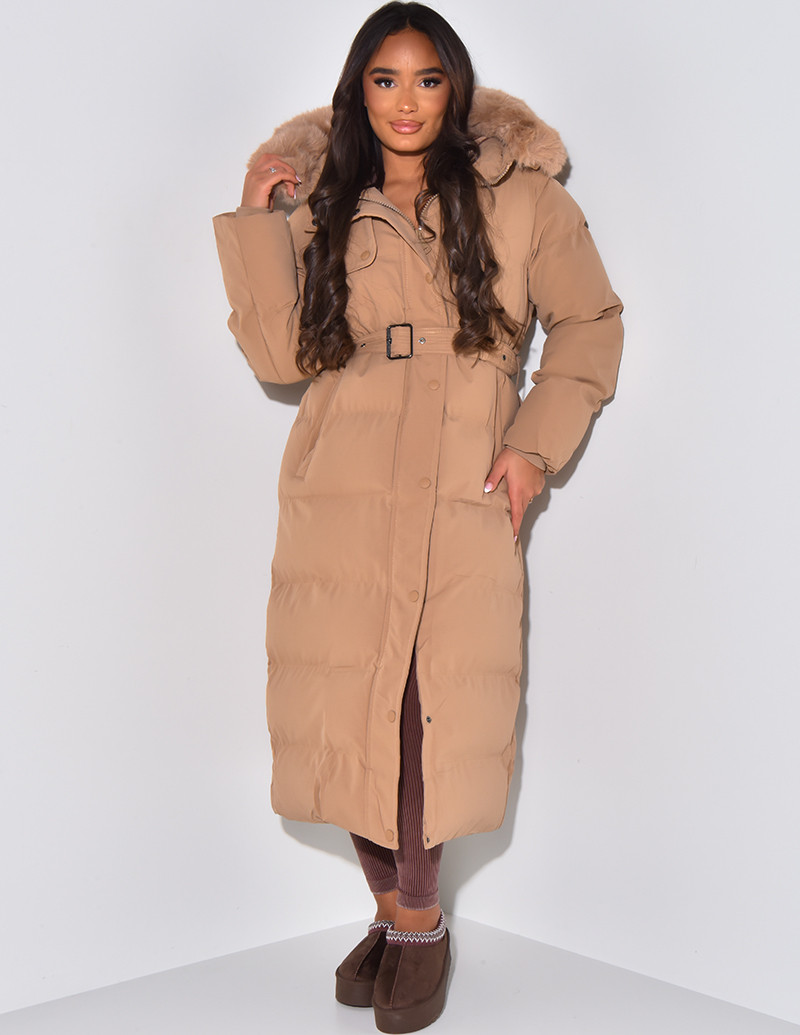 Doudoune longue matelassée à ceinture